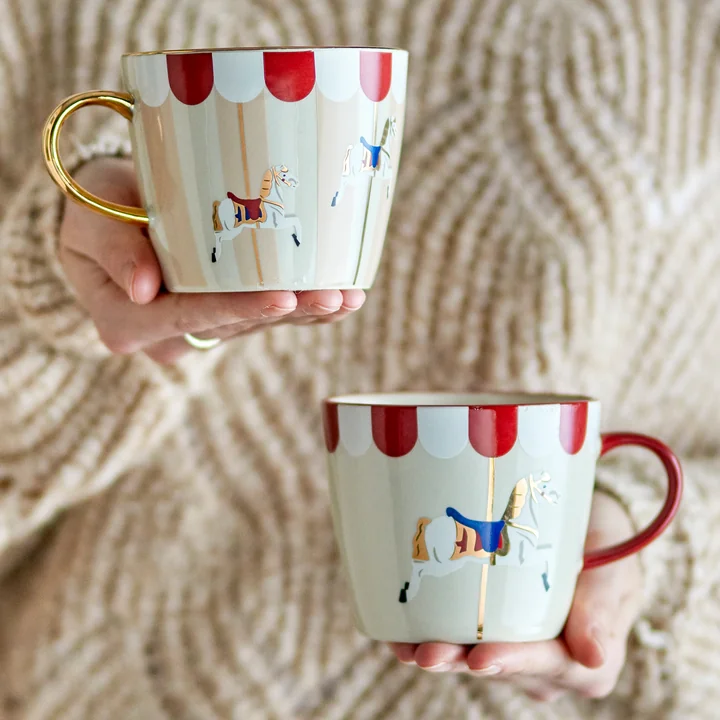 Bloomingville - Merry-go-round Tasse de Noël avec anse, Ø 9,5 cm, H 8 cm, rouge / blanc (set de 2)