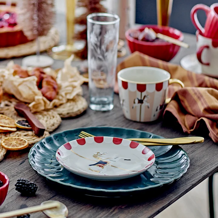 Bloomingville - Merry-go-round Tasse de Noël avec anse, Ø 9,5 cm, H 8 cm, rouge / blanc (set de 2)