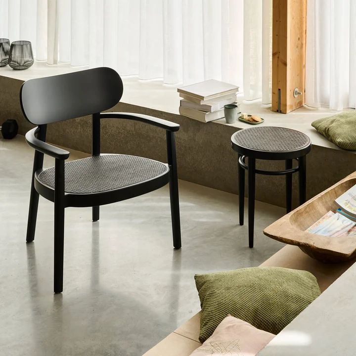 Thonet - 214 RH Tabouret, cannage Dark Melange avec tissu de soutien synthétique / hêtre noir (TP 29)