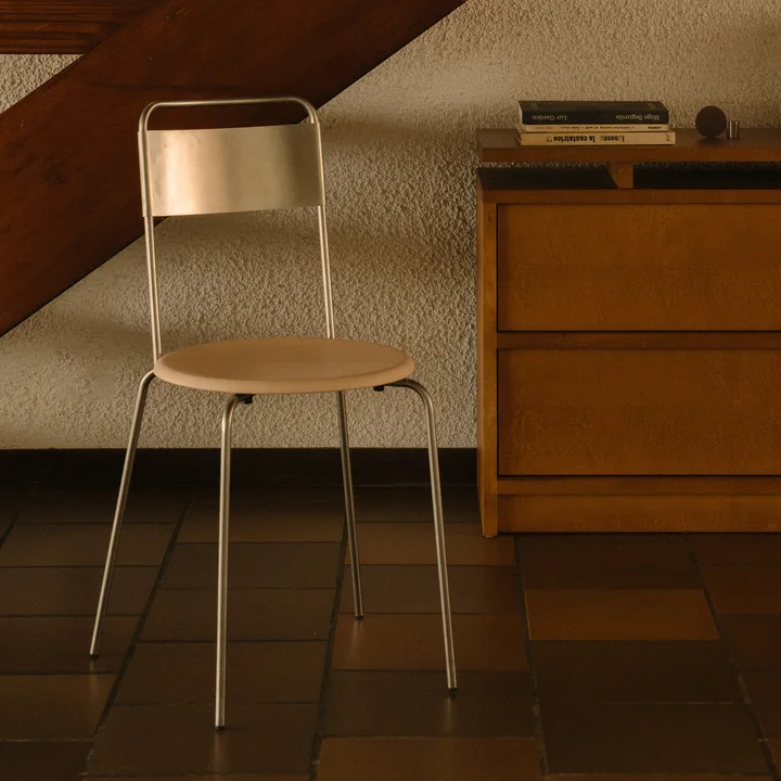 Frama - Chaise Petit Rond, acier inoxydable brossé / cuir natural