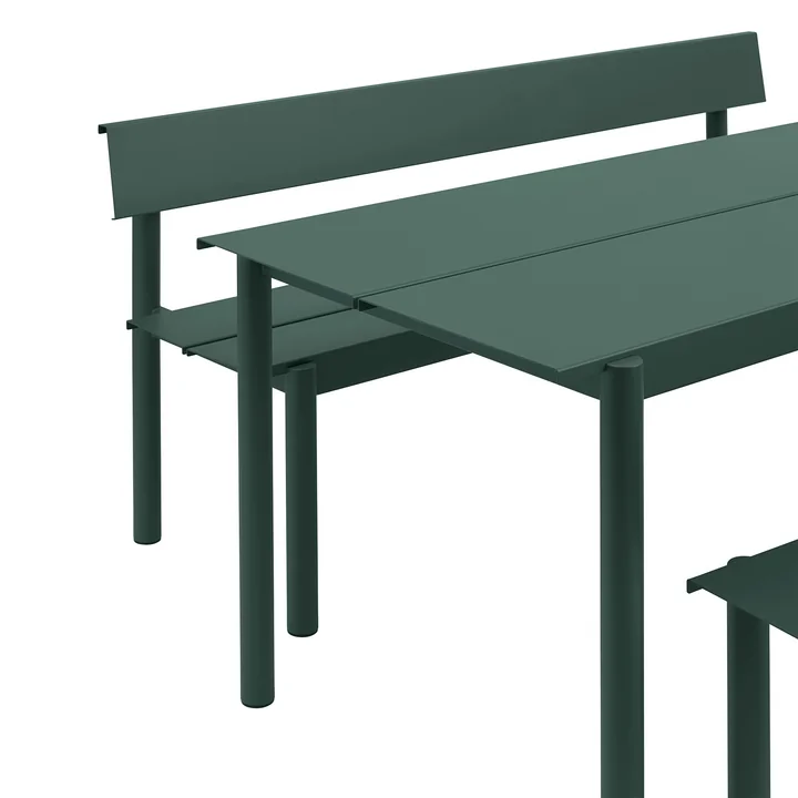 Muuto - Linear Steel Banc avec dossier, 170 cm à la table de jardin, vert foncé