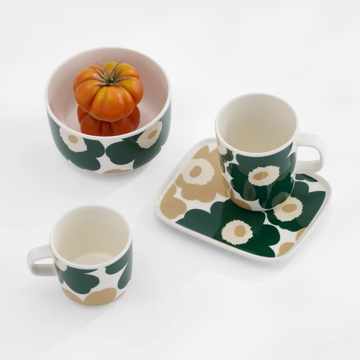 Marimekko - Oiva Unikko , blanc / vert foncé / beige / sable clair