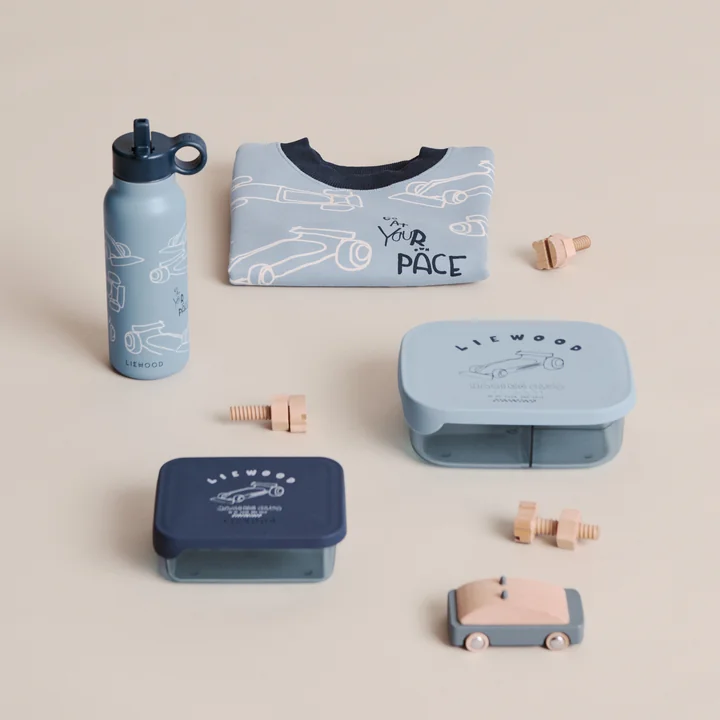 LIEWOOD - Gourde Falk, 350 ml, « Race cars » / bleu plage
